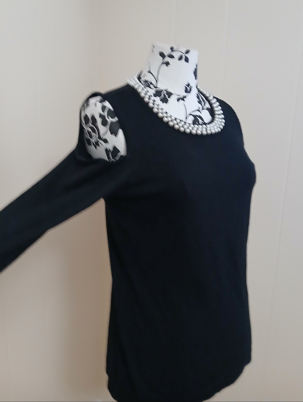 Karl Lagerfeld Paris Black Cold Shoulder Sweater with Pearl-Embellished Neckline